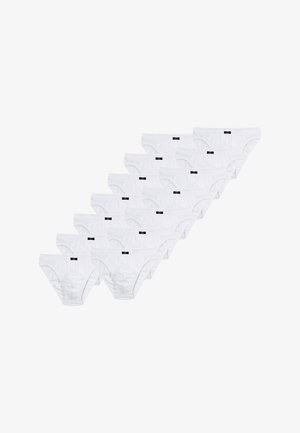 White cotton briefs arranged in a grid, featuring elastic waistbands and small black tags, with a smooth texture and classic design.