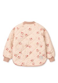 Καπιτονέ μπουφάν σε ανοιχτό ροζ, με λουλουδάτα μοτίβα σε μπεζ και κόκκινο. Ριμπ μανσέτες και λογότυπο στο κάτω μέρος της πλάτης.