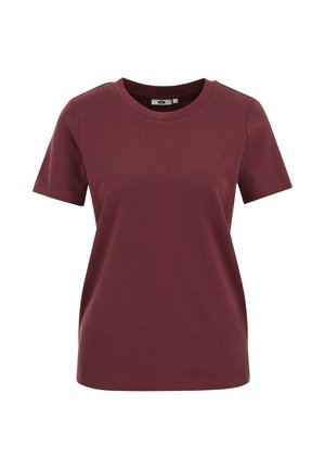 Camiseta de algodón de manga corta color granate con cuello redondo y ajuste regular, mostrada contra un fondo blanco.