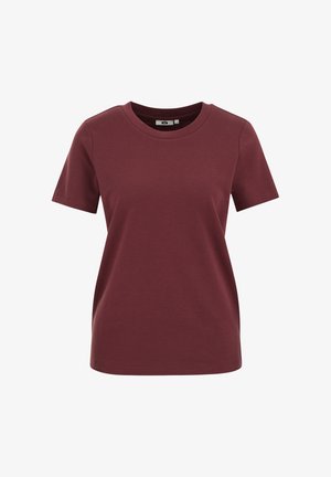 Krátké rukávy, vínově červené bavlněné tričko s kulatým výstřihem a běžným střihem, zobrazené na bílém pozadí.
