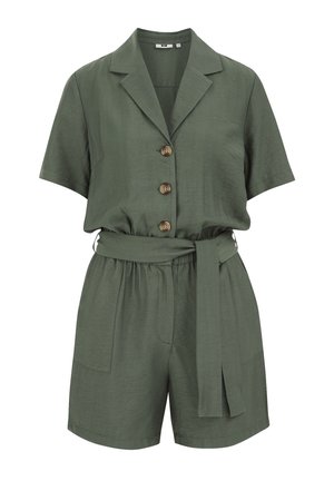 Oliven grøn kort jumpsuit i let stof. Har en krave halsudskæring, korte ærmer, frontknapper og en matchende belted talje.