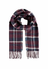 Burgundia, tumesinise ja valgega ruuduline sall, millel on õhukesed servad ja pehme tekstuur, mõeldud lisaks soojusele ka stiiliks.