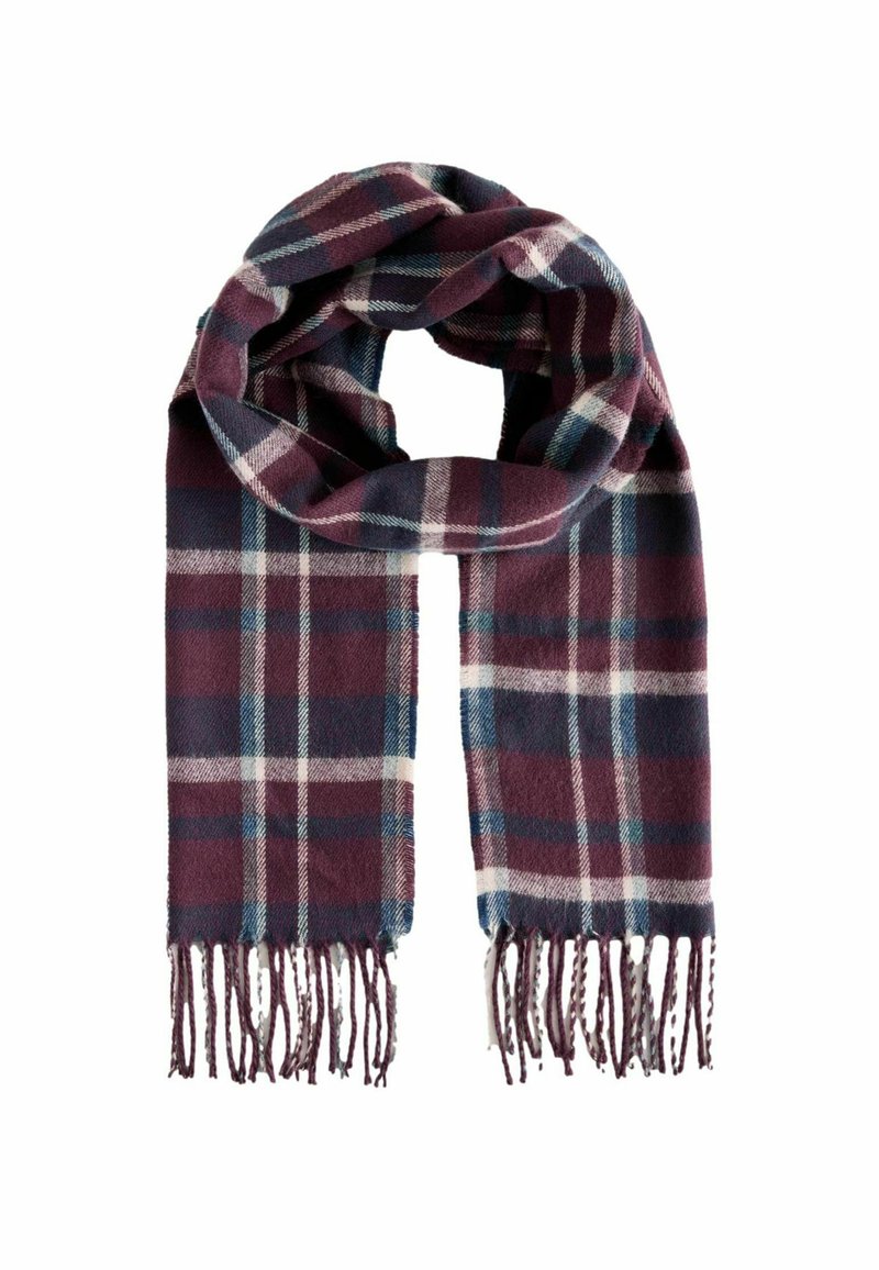 Burgundia, tumesinise ja valgega ruuduline sall, millel on õhukesed servad ja pehme tekstuur, mõeldud lisaks soojusele ka stiiliks.