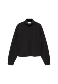 Sweat-shirt noir à manches longues avec un col haut plié et une coupe décontractée, présenté sur un fond blanc uni.