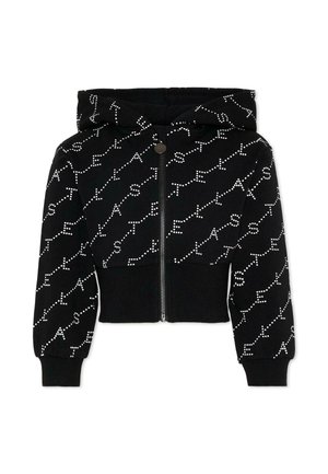 Sweat à capuche court noir avec fermeture éclair, lettres blanches en pointillés formant un motif répétitif, poignets et ceinture côtelés.