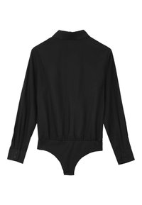 Body nero a maniche lunghe con design colletto, vita elastica e polsini con bottoni. Realizzato in tessuto morbido con una silhouette aderente.
