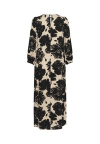 Długa beżowa sukienka z dużym czarnym kwiatowym wzorem, długie rękawy z elastycznymi mankietami oraz małe zapięcie na guzik na plecach przy dekolcie.
