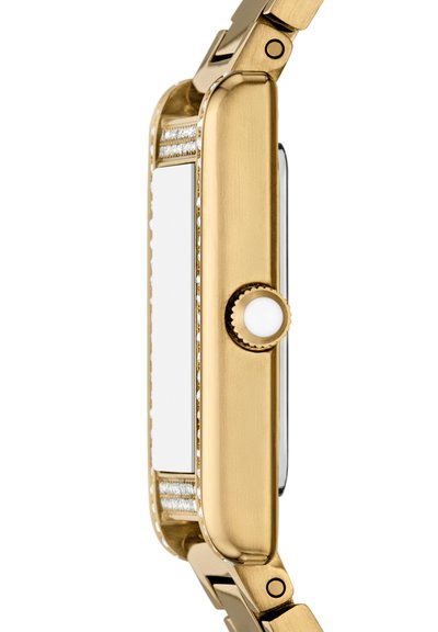 Goldene Smartwatch mit diamantbesetzten Rändern, Seitentaste mit weißem Zentrum und sichtbar verbundenem Metallarmband.
