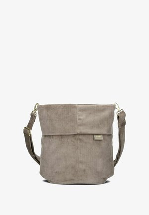 Braune Cord-Canvas-Schultertasche im Bucket-Stil mit Umschlag-Design, verstellbarem Riemen und goldfarbenen Beschlägen. Verfügt über eine vertikal gerippte Textur und Logodetail.