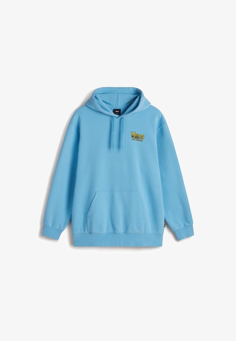 Sweat à capuche Vans bleu clair avec poche avant, cordons de capuche ajustables et petit logo Vans jaune sur la poitrine gauche.