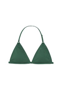 Top bikini triangolo verde testurizzato con spalline regolabili e una semplice chiusura. Il materiale sembra elastico e aderente.