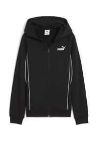 Felpa nera con zip realizzata in tessuto morbido, con cappuccio, strisce bianche a contrasto e un piccolo logo Puma bianco sul lato sinistro.