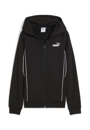 Felpa nera con zip realizzata in tessuto morbido, con cappuccio, strisce bianche a contrasto e un piccolo logo Puma bianco sul lato sinistro.