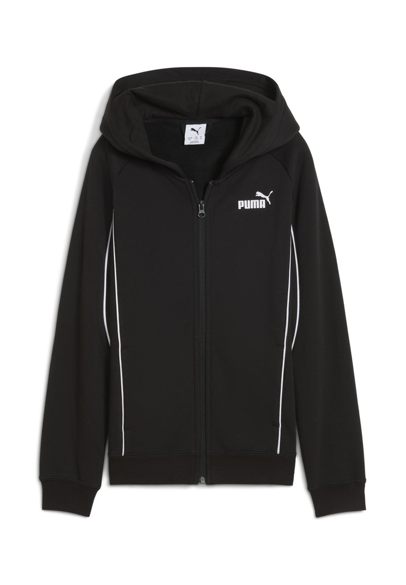 Felpa nera con zip realizzata in tessuto morbido, con cappuccio, strisce bianche a contrasto e un piccolo logo Puma bianco sul lato sinistro.