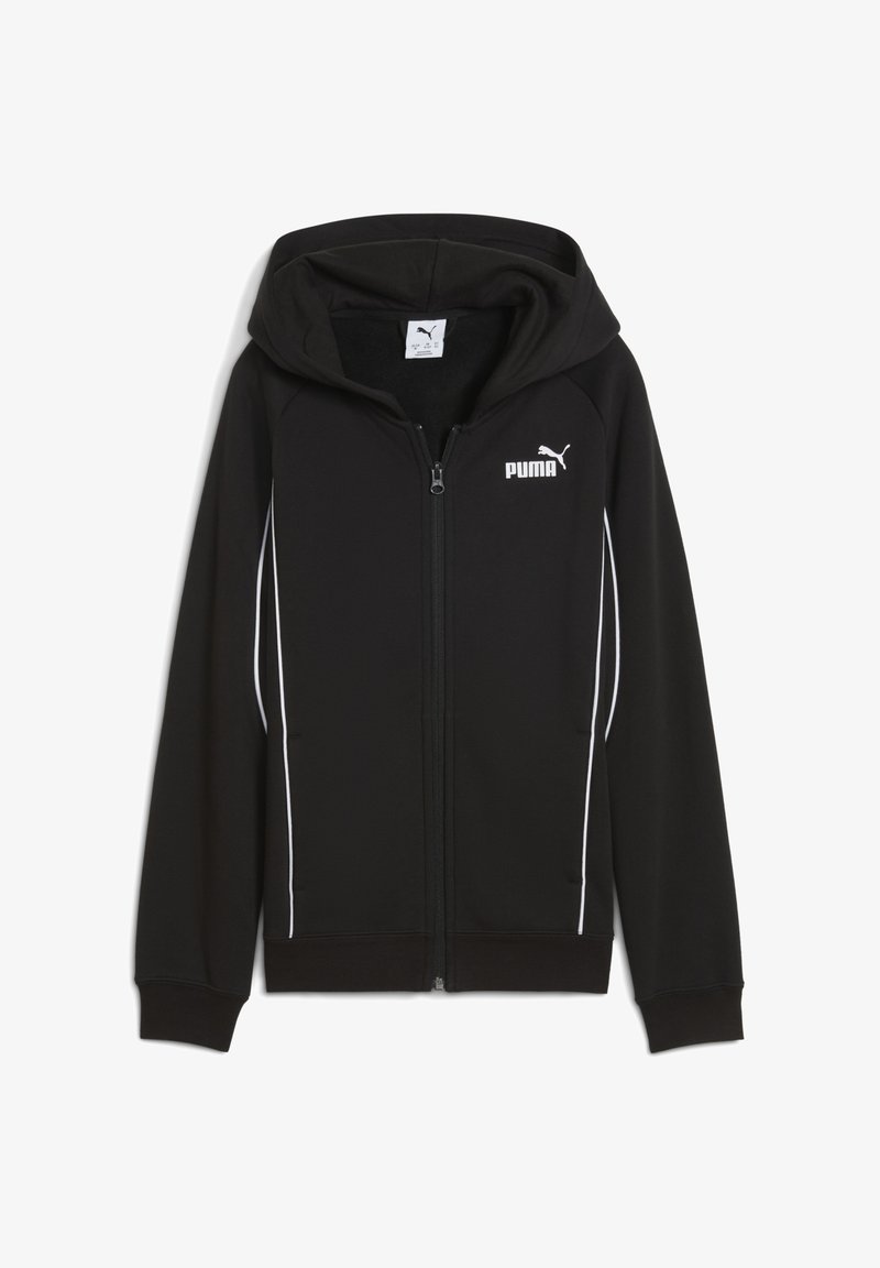 Felpa nera con zip realizzata in tessuto morbido, con cappuccio, strisce bianche a contrasto e un piccolo logo Puma bianco sul lato sinistro.