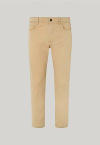 Pantalones de algodón beige con corte recto, dos bolsillos laterales, una cinturilla con pasadores para cinturón y un cierre de un solo botón.