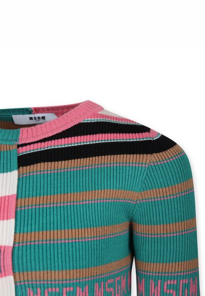 Maglione ribbed multicolore con strisce in teal, rosa, nero e marrone. Collo rotondo con dettaglio del logo all'orlo.