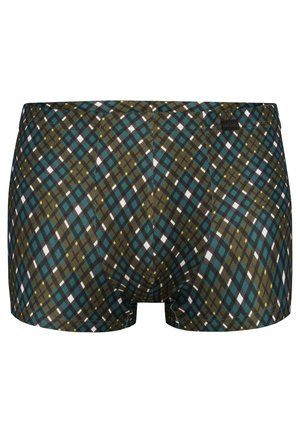 Eng anliegende Boxershorts für Herren mit einem karierten Muster in Grün, Blau, Weiß und Schwarz sowie einem kleinen schwarzen Markenetikett am Bund.