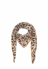 Beiger Schal mit braunem Leopardenmuster, orangefarbenem Akzent entlang der Ränder und hellgrünen sowie orangefarbenen Streifen. Weiches, leichtes Material, dreieckige Form.