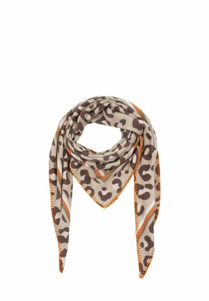 Beige scarf with brown leopard print, orange accent along edges, and light green and orange stripes. Soft, lightweight material, triangular shape.