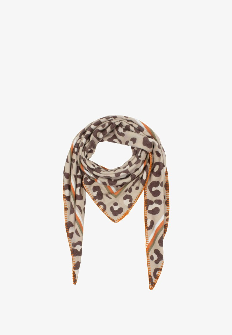 Beige scarf with brown leopard print, orange accent along edges, and light green and orange stripes. Soft, lightweight material, triangular shape.