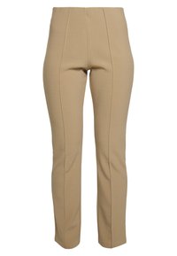 Tan fitted trousers with a smooth texture, featuring a high waist and vertical seam details for a tailored look. Cut is slim through the legs.