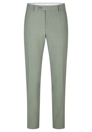 Hellgraue, maßgeschneiderte Herrenhose mit Frontknopf und Gürtelschlaufen, Slim Fit, gerade Beinführung.