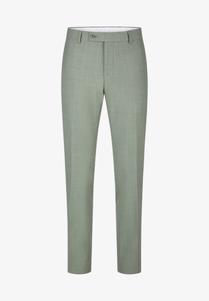 Hellgraue, maßgeschneiderte Herrenhose mit Frontknopf und Gürtelschlaufen, Slim Fit, gerade Beinführung.