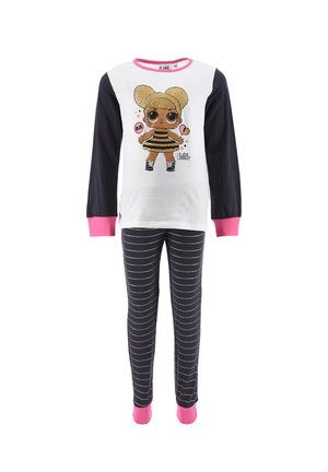 Langärmelige Pyjamas mit einem weißen Oberteil mit grafischem Design und marineblauen Ärmeln, kombiniert mit dunkel gestreiften Hosen und pinken Bündchen.