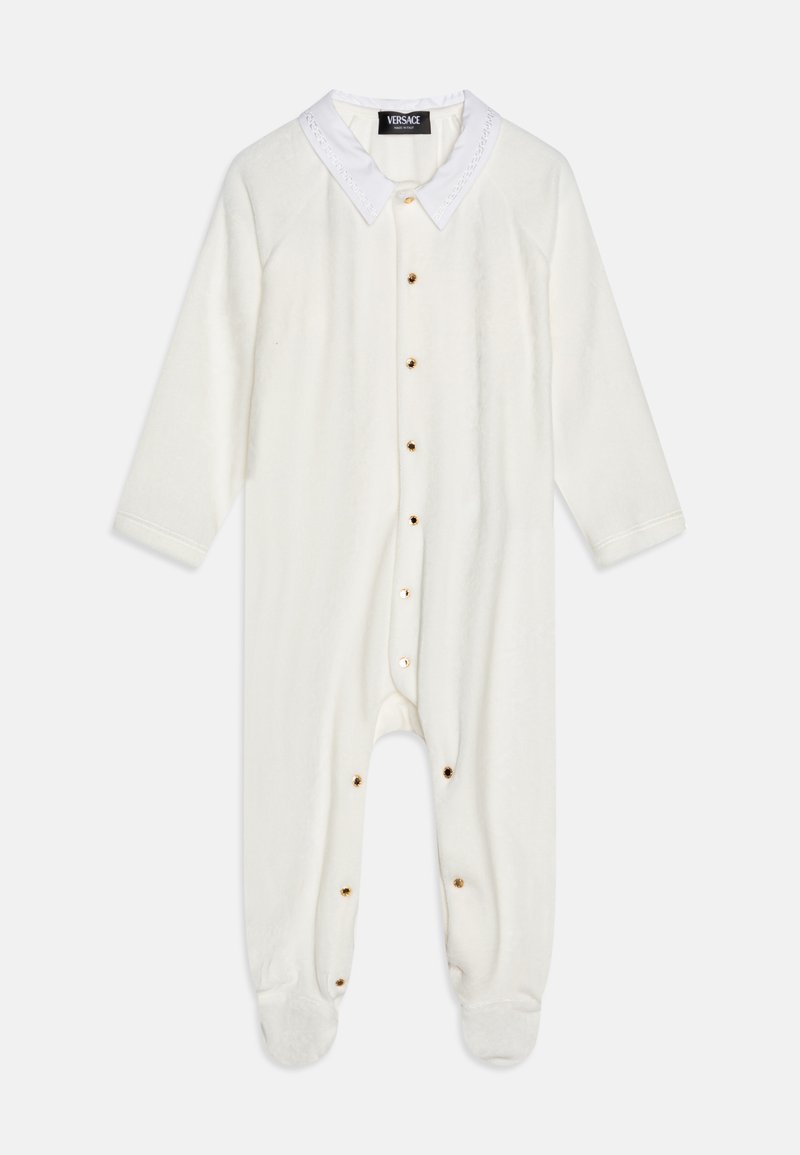 White fleece onesie with long sleeves, a button-down front, gold buttons, and a contrasting white collar. Soft texture, snug fit.