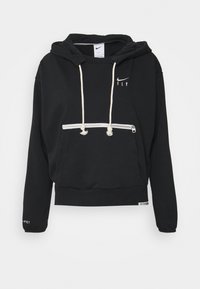 Sweat à capuche Nike noir avec une poche zippée à l'avant, des cordons blancs et un logo en texte. Présente un design décontracté avec des poignets et un ourlet côtelés.