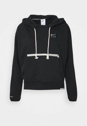 Sweat à capuche Nike noir avec une poche zippée à l'avant, des cordons blancs et un logo en texte. Présente un design décontracté avec des poignets et un ourlet côtelés.