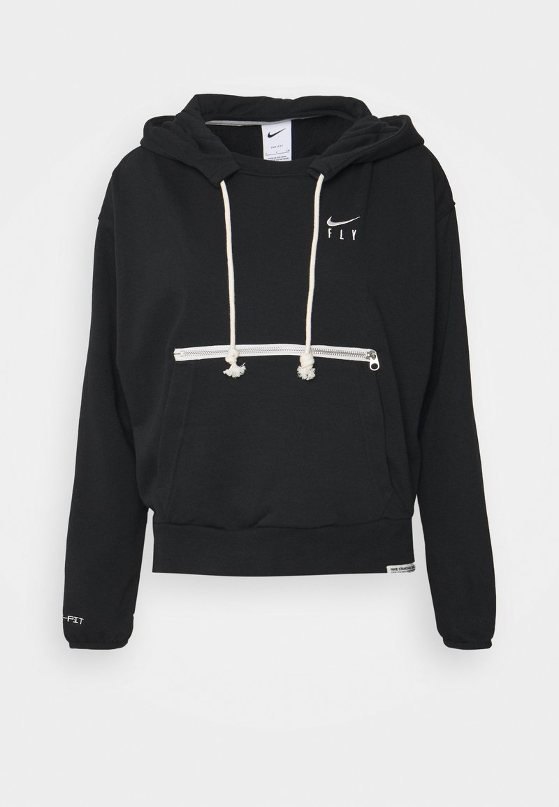 Sweat à capuche Nike noir avec une poche zippée à l'avant, des cordons blancs et un logo en texte. Présente un design décontracté avec des poignets et un ourlet côtelés.