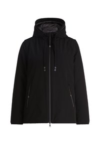 Veste noire avec fermeture zippée à l'avant, capuche ajustable et deux poches latérales zippées. Tissu lisse avec un minimum de détails et sans motifs visibles.