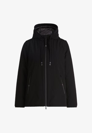 Schwarze Jacke mit einem Reißverschluss vorne, verstellbare Kapuze und zwei seitlichen Reißverschlusstaschen. Glattes Material mit minimalen Details und ohne sichtbare Muster.
