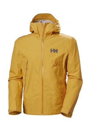 Chaqueta amarilla impermeable con capucha, cierre frontal y dos bolsillos laterales. Presenta un logo gris en el pecho y puños elásticos para un mejor ajuste.