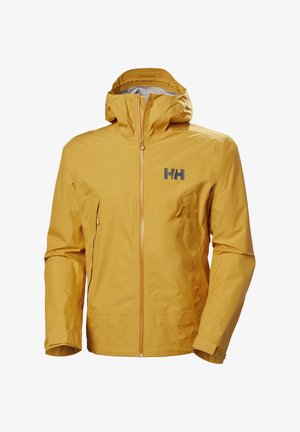 Waterdichte gele jas met capuchon, voorrits en twee zijzakken. Heeft een grijs logo op de borst en elastische manchetten voor een goede pasvorm.