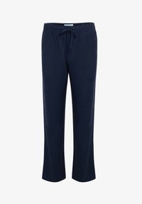 Pantalones casuales azul marino con cintura elástica y cordón, corte de pierna recta, sin bolsillos ni patrones visibles.