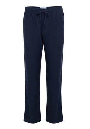 Donkerblauwe casual broek met elastische tailleband en trekkoord, rechte pijp, zonder zichtbare zakken of patronen.