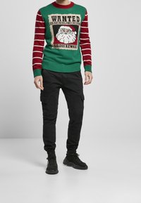 Grön tröja med röda randiga ärmar, med en tomtegrafik och texten "EFTERLYS". Kombinerad med svarta cargobyxor och svarta sneakers.