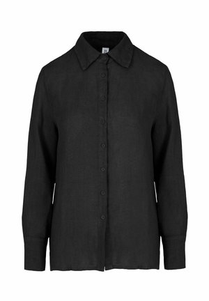 Czarna koszula z długim rękawem, z kołnierzykiem, prostym dołem i widocznymi guzikami z przodu, przedstawiona na białym tle.