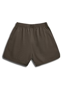 Szorty w kolorze ciemnej oliwkowej zieleni z elastyczną talią, rozłożone na płasko, wykonane z lekkiego materiału o luźnym kroju, bez widocznych kieszeni ani wzorów.