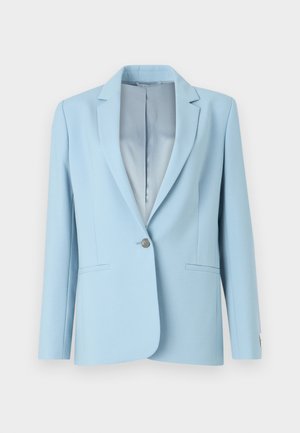Light blue tailored blazer with a single button closure, notch lapels, two front pockets, and a smooth inner lining.