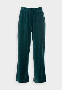 Emeraldgroene corduroy broek met een wijde pijpdesign, voorzien van een elastische tailleband en verticale geribbelde textuur.