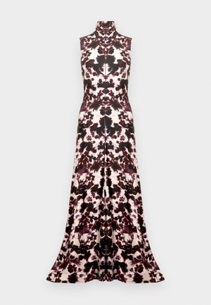 Vestido sin mangas hasta el suelo con estampado floral en tonos burdeos, negro y crema. Cuello alto, corsé ajustado y falda acampanada. Textura de tela suave.