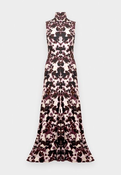 Μάξι φόρεμα χωρίς μανίκια με λουλουδάτο μοτίβο σε μπορντό, μαύρο και εκρού. Υψηλός γιακάς, εφαρμοστό μπούστο και φουσκωτή βάση. Λείο ύφασμα.