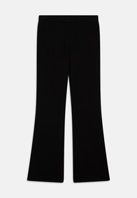 Zwarte flared broek gemaakt van een zachte, rekbare stof met een elastische tailleband, met een gladde textuur en een eenvoudig ontwerp.