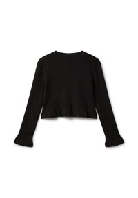 Černý zkrácený pletený svetr s ribbovanou strukturou, dlouhými rukávy a rýhovaným lemem. Jednoduchý kulatý výstřih a přiléhavý střih.