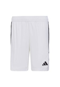 Weiße Sportshorts mit schwarzen Seitenstreifen und einem Adidas-Logo am unteren rechten Saum. Hergestellt aus leichtem, atmungsaktivem Material.