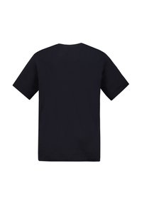 Camiseta de algodón negra de manga corta, con cuello redondo y un diseño liso. La tela parece suave, sin patrones ni adornos.